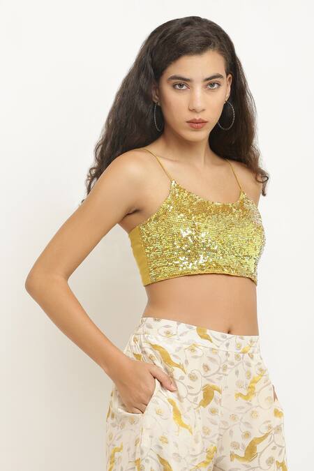 Buy_Kusmi_Gold Crepe Sequins Scoop Neck Rooh Embroidered Bralette _Online_at_Aza_Fashions