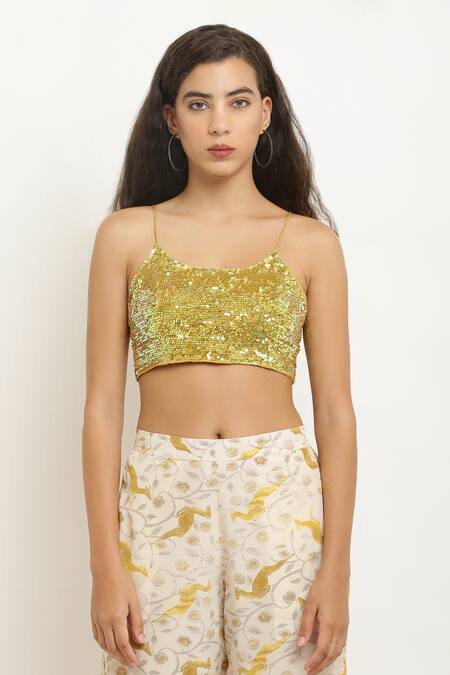 Shop_Kusmi_Gold Crepe Sequins Scoop Neck Rooh Embroidered Bralette _Online_at_Aza_Fashions
