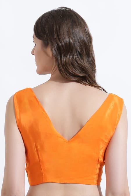 Shop_Kusmi_Orange Crepe Sequins V-neck Dusty Sunshine Blouse _at_Aza_Fashions
