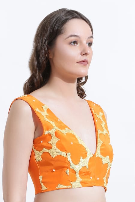 Kusmi_Orange Crepe Sequins V-neck Dusty Sunshine Blouse _Online_at_Aza_Fashions