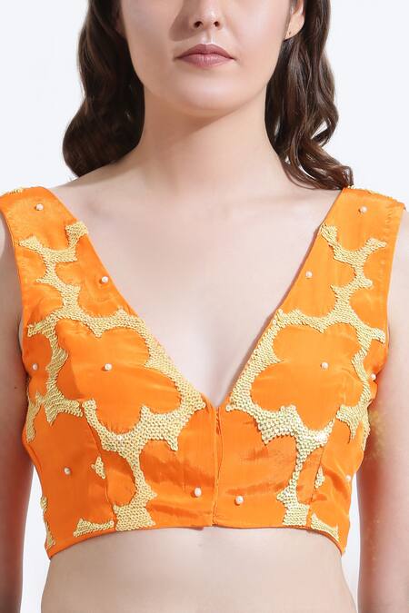 Buy_Kusmi_Orange Crepe Sequins V-neck Dusty Sunshine Blouse _Online_at_Aza_Fashions