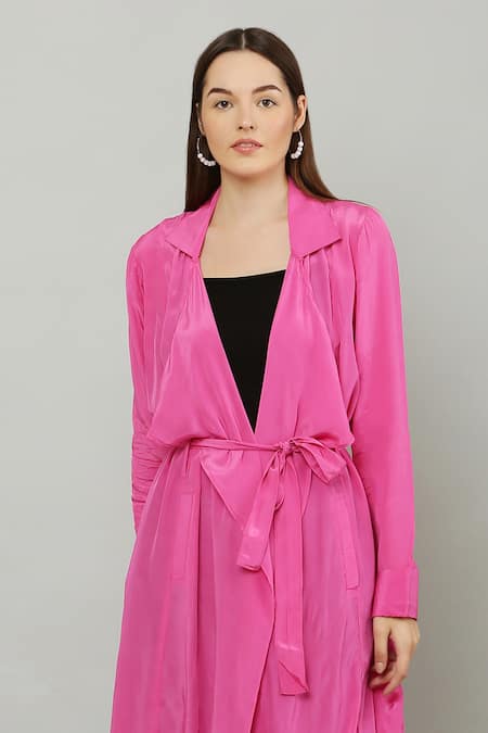Kusmi_Pink Collared Cape With Belt _at_Aza_Fashions