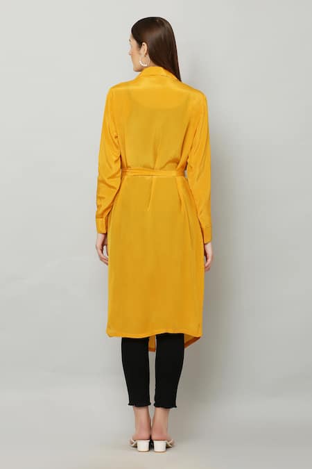 Shop_Kusmi_Yellow Overlay Cape With Belt _at_Aza_Fashions