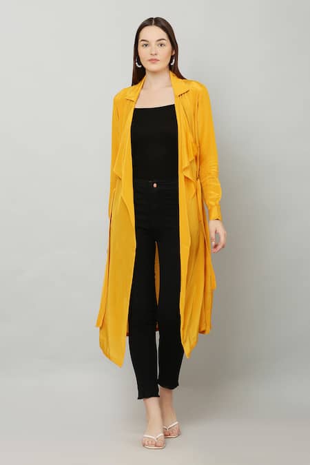 Kusmi_Yellow Overlay Cape With Belt _Online_at_Aza_Fashions