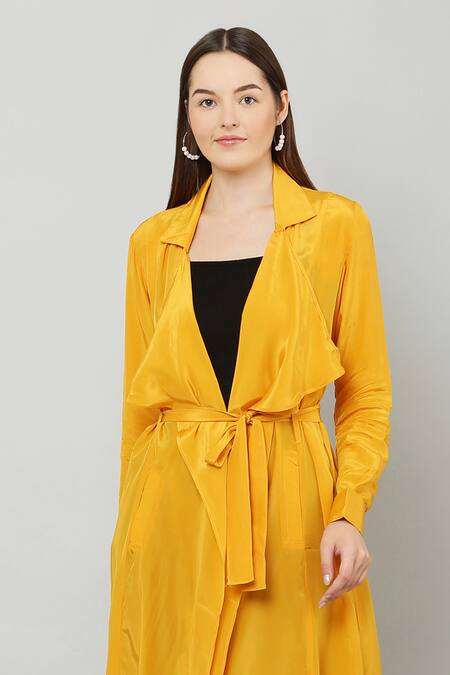 Kusmi_Yellow Overlay Cape With Belt _at_Aza_Fashions