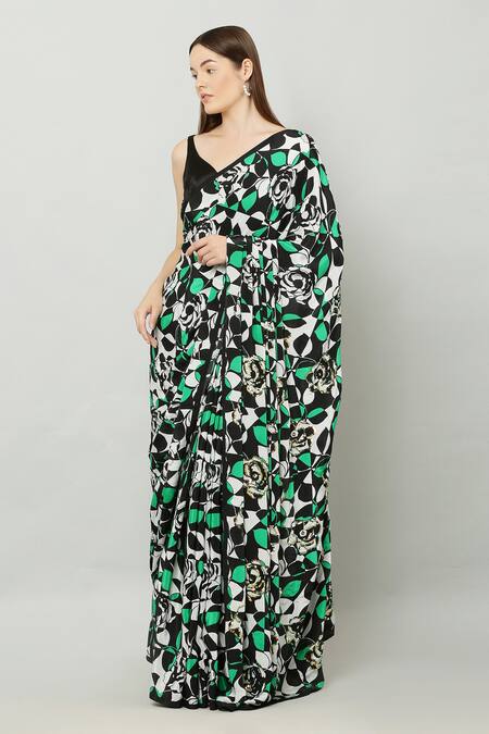 Buy_Kusmi_Black Crepe Tassels Geometric Floral Print Saree With Unstitched Blouse Fabric _Online_at_Aza_Fashions