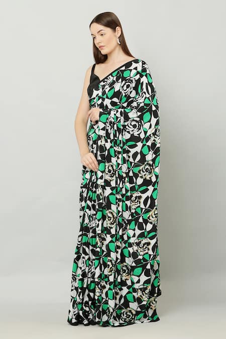 Shop_Kusmi_Black Crepe Tassels Geometric Floral Print Saree With Unstitched Blouse Fabric _Online_at_Aza_Fashions