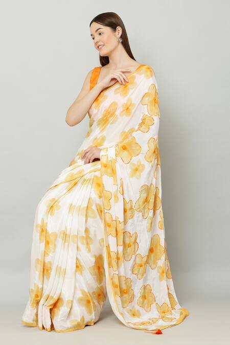 Kusmi_Yellow Crepe Sequins Floral Bloom Saree With Unstitched Blouse Fabric _Online_at_Aza_Fashions