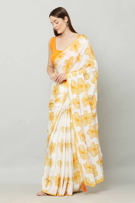 Buy_Kusmi_Yellow Crepe Sequins Floral Bloom Saree With Unstitched Blouse Fabric _Online_at_Aza_Fashions
