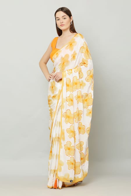 Shop_Kusmi_Yellow Crepe Sequins Floral Bloom Saree With Unstitched Blouse Fabric _Online_at_Aza_Fashions
