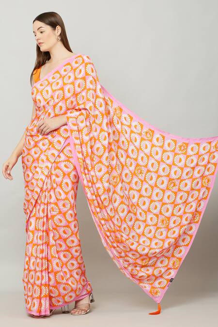 Shop_Kusmi_Orange Crepe Retro Daisy Print Saree With Unstitched Blouse Fabric _Online_at_Aza_Fashions