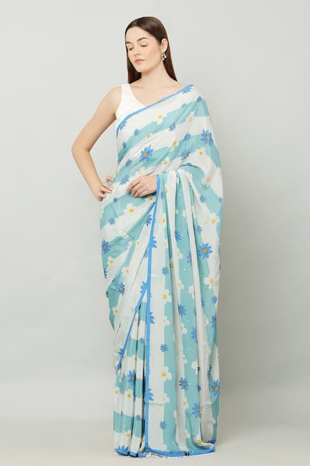 KUSMI Blue Print Floral Blooming Saree With Unstitched Blouse Fabric 