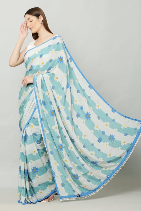 Shop Kusmi Blue Crepe Blooming Floral Print Saree With Unstitched Blouse Fabric Online at Aza Fashions Shop_Kusmi_Blue Crepe Blooming Floral Print Saree With Unstitched Blouse Fabric _Online_at_Aza_Fashions
