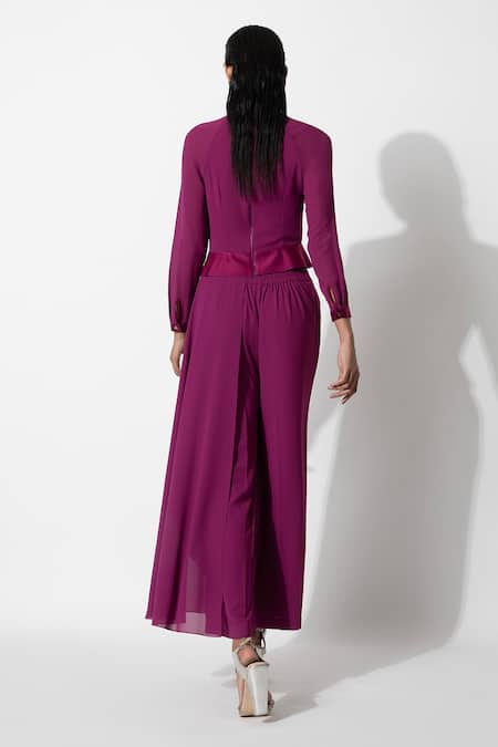 Shop Rohit Gandhi + Rahul Khanna Pink Polyester Round Neck Asymmetric Draped Peplum at Aza Fashions Shop_Rohit Gandhi + Rahul Khanna_Pink Polyester Round Neck Asymmetric Draped Peplum _at_Aza_Fashions