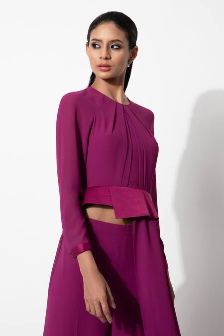 Shop Rohit Gandhi + Rahul Khanna Pink Polyester Round Neck Asymmetric Draped Peplum Online at Aza Fashions Shop_Rohit Gandhi + Rahul Khanna_Pink Polyester Round Neck Asymmetric Draped Peplum _Online_at_Aza_Fashions