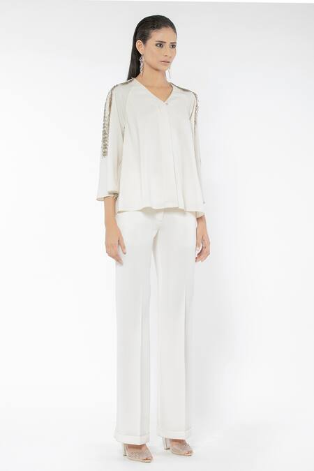 Rohit Gandhi + Rahul Khanna White Poly Georgette Embroidered V Neck Glass Beads Top 