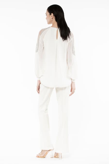 Shop Rohit Gandhi + Rahul Khanna Off White Poly Georgette Embroidered Round Raglan Sleeves Swing Top at Aza Fashions Shop_Rohit Gandhi + Rahul Khanna_Off White Poly Georgette Embroidered Round Raglan Sleeves Swing Top _at_Aza_Fashions