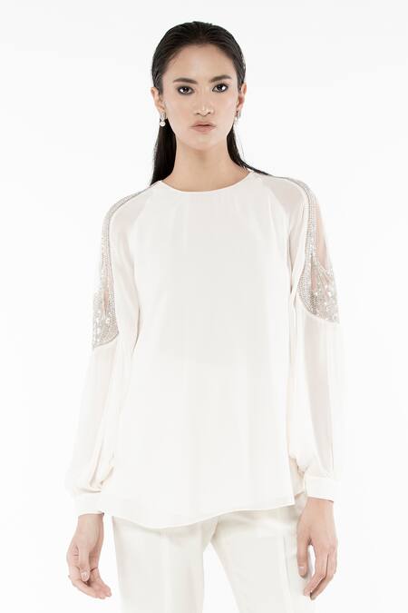 Rohit Gandhi + Rahul Khanna Off White Poly Georgette Embroidered Round Raglan Sleeves Swing Top Online at Aza Fashions Rohit Gandhi + Rahul Khanna_Off White Poly Georgette Embroidered Round Raglan Sleeves Swing Top _Online_at_Aza_Fashions