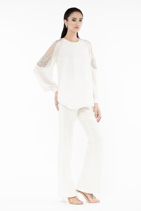 Buy Rohit Gandhi + Rahul Khanna Off White Poly Georgette Embroidered Round Raglan Sleeves Swing Top Online at Aza Fashions Buy_Rohit Gandhi + Rahul Khanna_Off White Poly Georgette Embroidered Round Raglan Sleeves Swing Top _Online_at_Aza_Fashions
