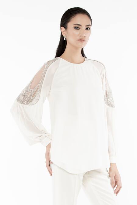 Shop Rohit Gandhi + Rahul Khanna Off White Poly Georgette Embroidered Round Raglan Sleeves Swing Top Online at Aza Fashions Shop_Rohit Gandhi + Rahul Khanna_Off White Poly Georgette Embroidered Round Raglan Sleeves Swing Top _Online_at_Aza_Fashions