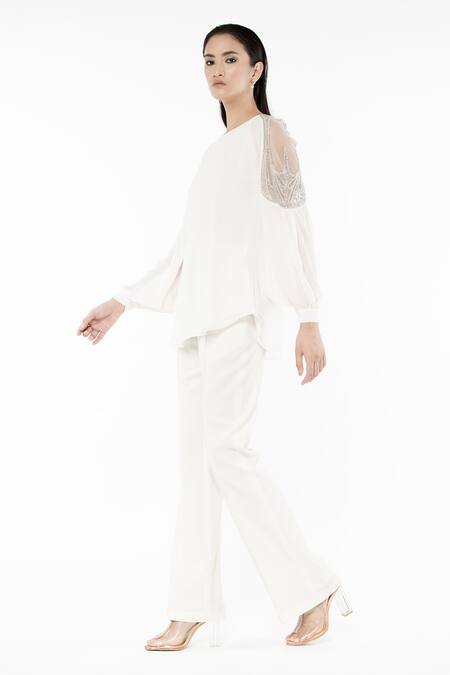 Rohit Gandhi + Rahul Khanna Off White Poly Georgette Embroidered Round Raglan Sleeves Swing Top at Aza Fashions Rohit Gandhi + Rahul Khanna_Off White Poly Georgette Embroidered Round Raglan Sleeves Swing Top _at_Aza_Fashions