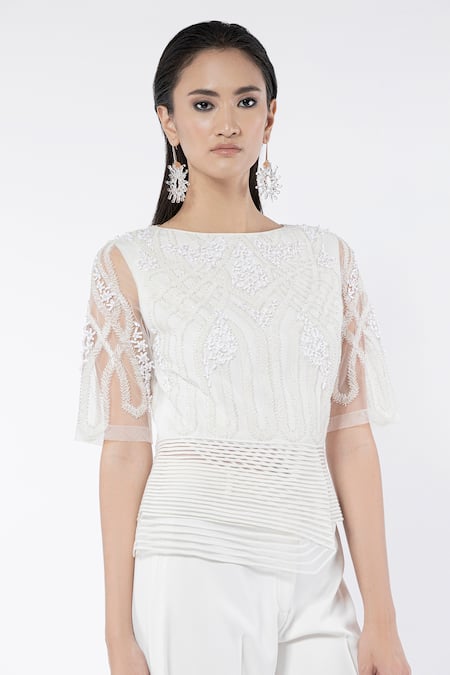 Rohit Gandhi + Rahul Khanna_Off White Tulle-viscose Embroidered Applique Round Asymmetric Peplum Top _Online_at_Aza_Fashions
