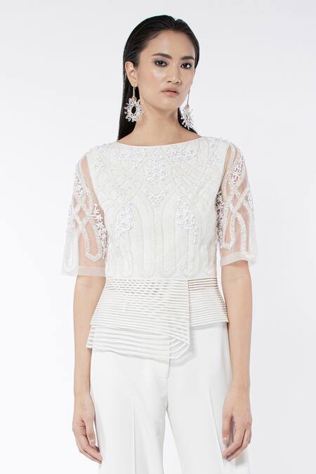 Buy_Rohit Gandhi + Rahul Khanna_Off White Tulle-viscose Embroidered Applique Round Asymmetric Peplum Top _Online_at_Aza_Fashions
