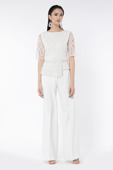 Shop_Rohit Gandhi + Rahul Khanna_Off White Tulle-viscose Embroidered Applique Round Asymmetric Peplum Top _Online_at_Aza_Fashions