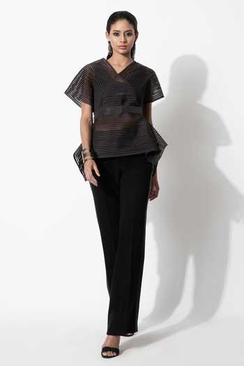 Buy_Rohit Gandhi + Rahul Khanna_Black Silk Georgette V Neck Panelled Box Top _Online_at_Aza_Fashions