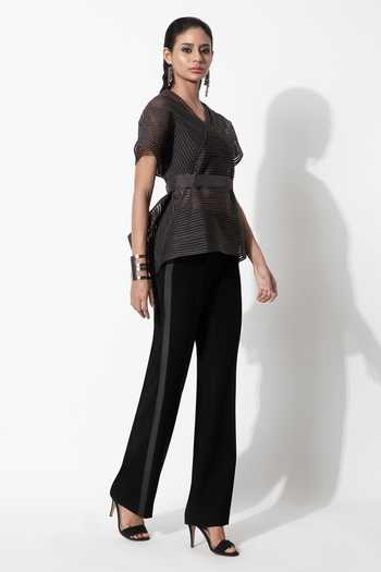 Shop_Rohit Gandhi + Rahul Khanna_Black Silk Georgette V Neck Panelled Box Top _Online_at_Aza_Fashions
