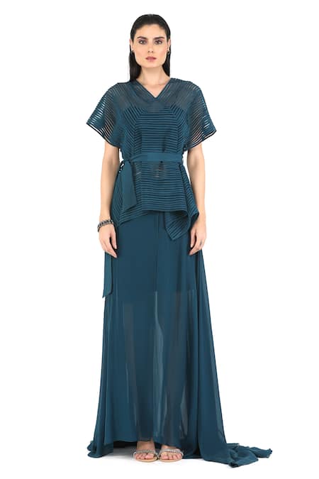 Rohit Gandhi + Rahul Khanna Blue Silk Georgette V Neck Panelled Box Top 