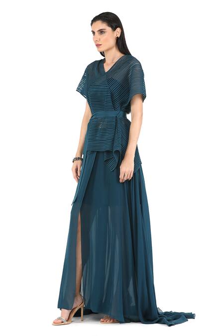 Rohit Gandhi + Rahul Khanna_Blue Silk, Georgette V-neck Panelled Box Top _Online_at_Aza_Fashions