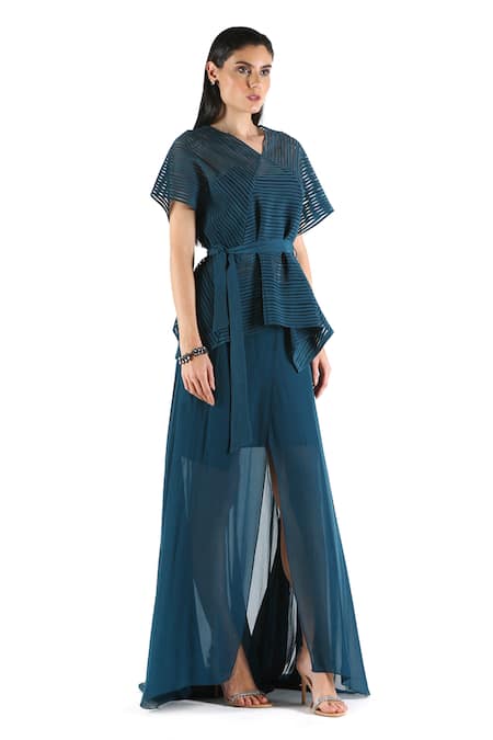 Buy_Rohit Gandhi + Rahul Khanna_Blue Silk, Georgette V-neck Panelled Box Top _Online_at_Aza_Fashions