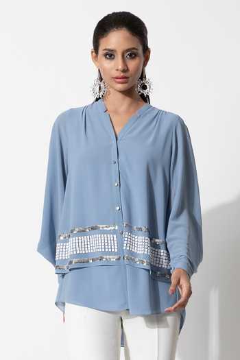 Rohit Gandhi + Rahul Khanna_Blue Viscose Georgette Embroidered Sequins V Neck Embellished Applique Shirt _Online_at_Aza_Fashions