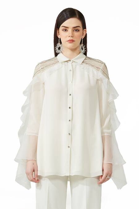 Rohit Gandhi + Rahul Khanna_Off White Organza Embroidery Collared Hand Crafted Swing Shirt_Online_at_Aza_Fashions