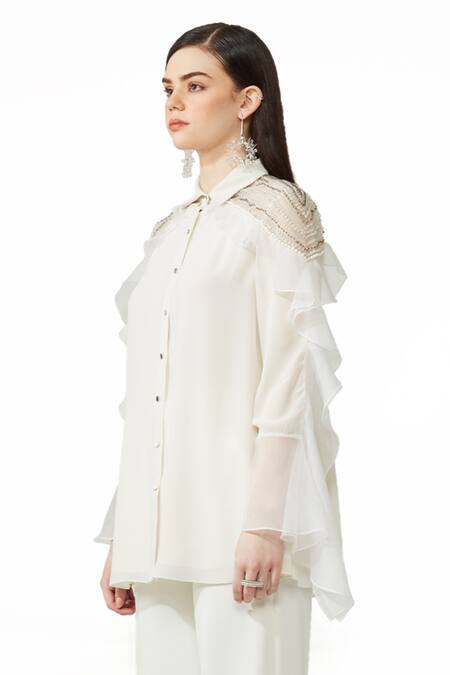 Buy_Rohit Gandhi + Rahul Khanna_Off White Organza Embroidery Collared Hand Crafted Swing Shirt_Online_at_Aza_Fashions