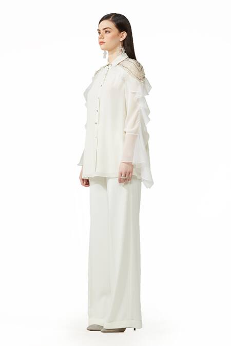 Shop_Rohit Gandhi + Rahul Khanna_Off White Organza Embroidery Collared Hand Crafted Swing Shirt_Online_at_Aza_Fashions