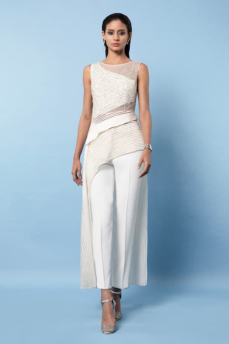 Rohit Gandhi + Rahul Khanna White Tulle Embellishments Bead Round Asymmetric Tape Detailed Top 