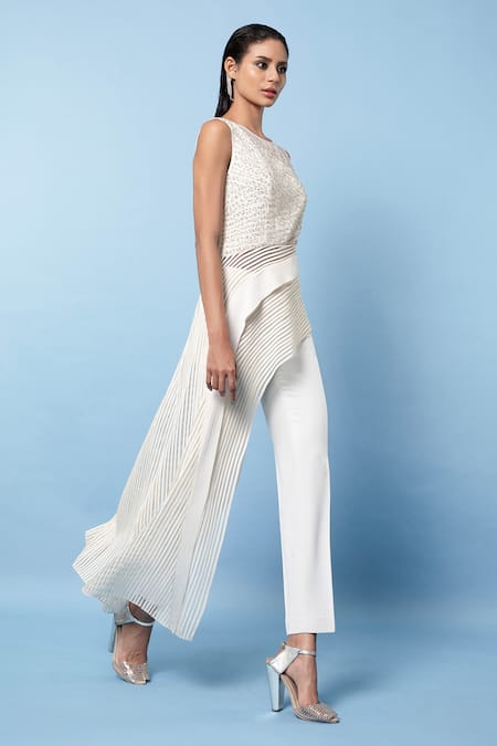 Rohit Gandhi + Rahul Khanna_White Tulle Embellishments Bead Round Asymmetric Tape Detailed Top _Online_at_Aza_Fashions