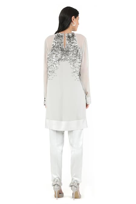 Shop Rohit Gandhi + Rahul Khanna Silver Georgette Embellishments Sequins Round High Low Hem Top at Aza Fashions Shop_Rohit Gandhi + Rahul Khanna_Silver Georgette Embellishments Sequins Round High Low Hem Top _at_Aza_Fashions