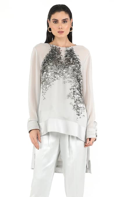 Rohit Gandhi + Rahul Khanna Silver Georgette Embellishments Sequins Round High Low Hem Top Online at Aza Fashions Rohit Gandhi + Rahul Khanna_Silver Georgette Embellishments Sequins Round High Low Hem Top _Online_at_Aza_Fashions