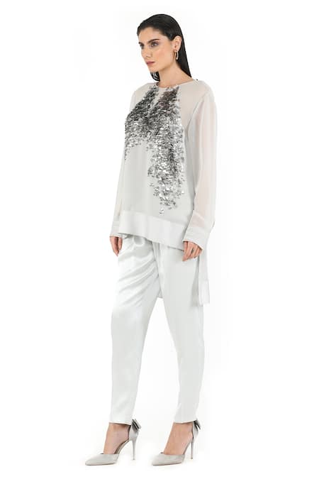 Buy Rohit Gandhi + Rahul Khanna Silver Georgette Embellishments Sequins Round High Low Hem Top Online at Aza Fashions Buy_Rohit Gandhi + Rahul Khanna_Silver Georgette Embellishments Sequins Round High Low Hem Top _Online_at_Aza_Fashions