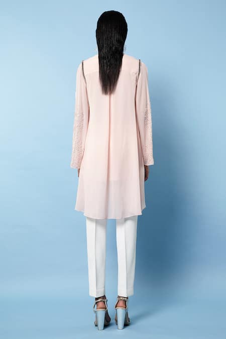 Shop Rohit Gandhi + Rahul Khanna Pink Poly Georgette Embellishments Notched Embroidered Swing Top at Aza Fashions Shop_Rohit Gandhi + Rahul Khanna_Pink Poly Georgette Embellishments Notched Embroidered Swing Top _at_Aza_Fashions