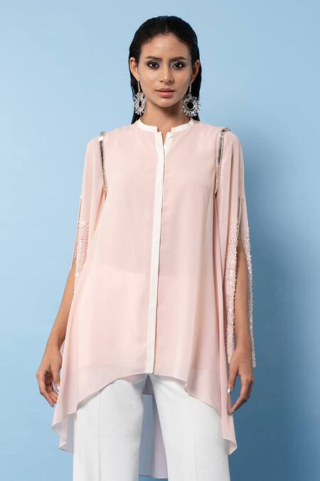Rohit Gandhi + Rahul Khanna Pink Poly Georgette Embellishments Notched Embroidered Swing Top Online at Aza Fashions Rohit Gandhi + Rahul Khanna_Pink Poly Georgette Embellishments Notched Embroidered Swing Top _Online_at_Aza_Fashions
