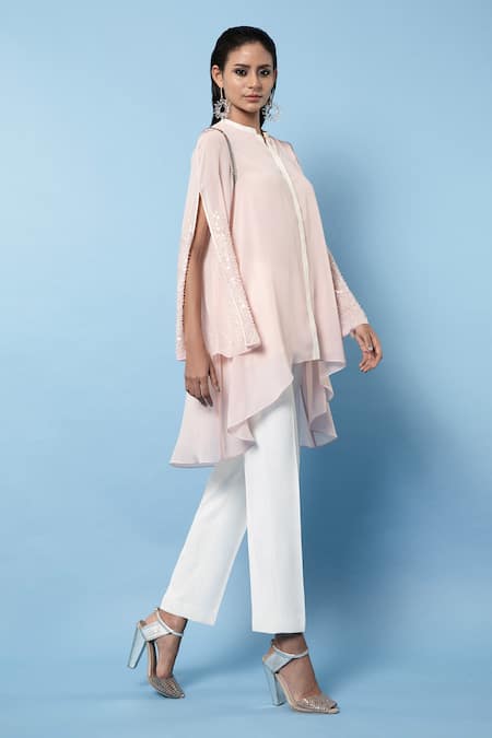 Shop Rohit Gandhi + Rahul Khanna Pink Poly Georgette Embellishments Notched Embroidered Swing Top Online at Aza Fashions Shop_Rohit Gandhi + Rahul Khanna_Pink Poly Georgette Embellishments Notched Embroidered Swing Top _Online_at_Aza_Fashions