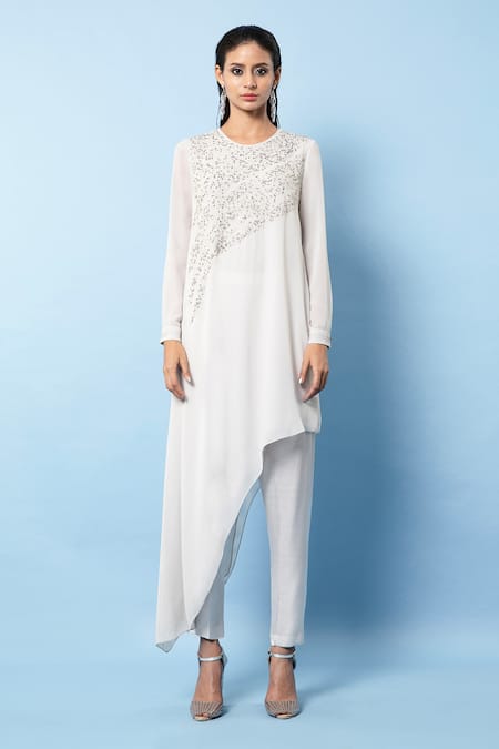 Rohit Gandhi + Rahul Khanna Silver Poly Georgette Embellishments Metallic Round Asymmetric Top 