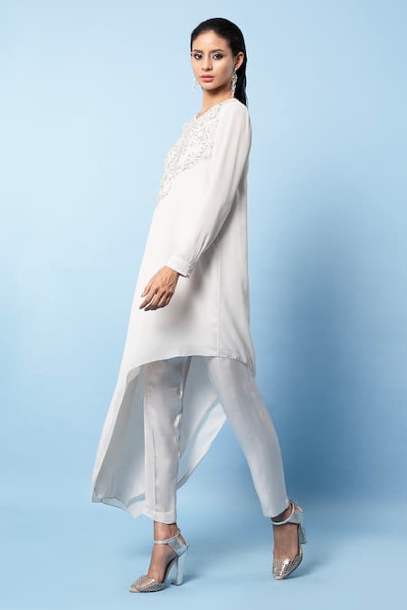 Rohit Gandhi + Rahul Khanna_Silver Poly Georgette Embellishments Metallic Round Asymmetric Top _Online_at_Aza_Fashions