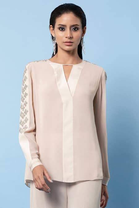 Rohit Gandhi + Rahul Khanna_Beige Viscose Georgette Embroidered Round Sleeves Top _Online_at_Aza_Fashions