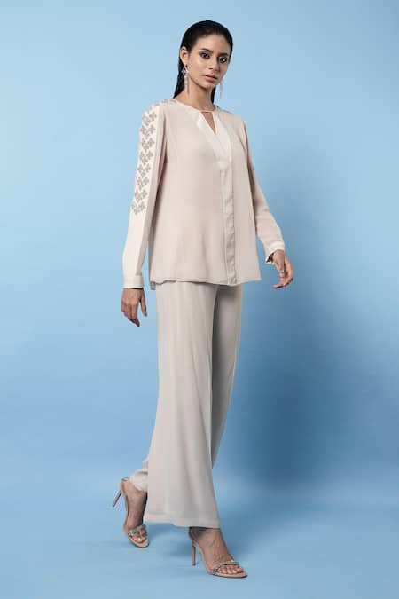 Buy_Rohit Gandhi + Rahul Khanna_Beige Viscose Georgette Embroidered Round Sleeves Top _Online_at_Aza_Fashions