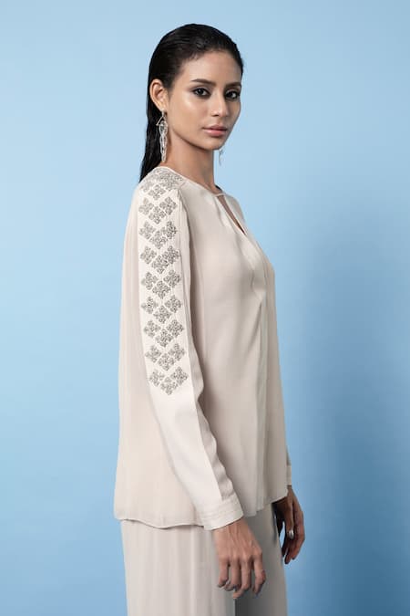 Shop_Rohit Gandhi + Rahul Khanna_Beige Viscose Georgette Embroidered Round Sleeves Top _Online_at_Aza_Fashions